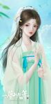  1girl absurdres baiguio_(zhu_xian) bird blue_sky brown_hair clouds expressionless facial_mark falling_leaves forehead_mark hair_ornament highres leaf long_hair looking_to_the_side sash see-through see-through_sleeves sky solo upper_body veil wu_yao_ling zhu_xian 