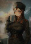  1girl bangs belt black_belt black_coat black_gloves black_hair black_headwear blue_eyes brown_shirt closed_mouth coat coffee_mug commentary cup epaulettes fur_hat girls_und_panzer gloves hammer_and_sickle hat highres holding holding_cup long_hair looking_at_viewer military mug nonna_(girls_und_panzer) out_of_frame outdoors pov shirt smile snowing solo_focus soviet soviet_army standing steam sunrise swept_bangs tigern_(tigern28502735) trench_coat turtleneck ushanka world_war_ii 