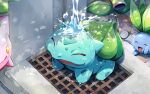  :d ^_^ ayo_(ayosanri009) bellsprout brick_floor bulbasaur claws closed_eyes closed_mouth commentary_request happy hoppip no_humans oddish open_mouth pokemon pokemon_(creature) smile tongue water water_drop yellow_eyes 