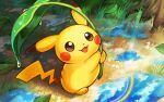 :d akuru_(akr369akr) brown_eyes commentary_request day grass holding holding_leaf leaf no_humans open_mouth outdoors pikachu pokemon pokemon_(creature) reflection smile solo tongue tree water water_drop 