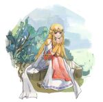 1girl armor bangs belt blonde_hair blue_eyes bridal_gauntlets cape circlet dress full_body jewelry leaf long_dress long_hair namelessdm necklace outdoors own_hands_together parted_bangs pointy_ears princess_zelda short_sleeves shoulder_armor sidelocks sitting smile solo the_legend_of_zelda tree tunic white_cape white_dress