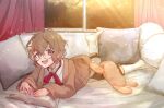  1boy book brown_hair commission ghostcrown glasses looking_at_viewer lying male_focus mutsuashi_lewis on_bed on_stomach pillow reading skeb_commission solo stuffed_animal stuffed_toy untokodokkoikoi violet_eyes virtual_youtuber 