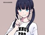  1girl artist_name bangs black_hair blue_eyes brown_background commentary_request eyebrows_visible_through_hair haaam long_hair low_twintails original shirt short_sleeves simple_background solo t-shirt twintails twitter_username v watermark white_shirt 