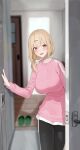  1girl absurdres bangs black_pants blonde_hair blurry blurry_background blush breasts commentary door doorway dripping hair_between_eyes hair_ornament hair_tie hairclip highres house indoors jahy-sama_wa_kujikenai! large_breasts long_sleeves looking_at_viewer open_mouth opening_door orange_eyes pants pink_shirt pov_doorway shirt slippers smile so_shio striped striped_legwear striped_shirt sweat sweaty_clothes tenchou_(jahy) white_stripes 