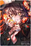  1girl black_nails branch brown_hair chinese_clothes coat flower gagyogava genshin_impact gradient gradient_background hair_between_eyes hat hu_tao_(genshin_impact) jewelry long_hair looking_at_viewer plum_blossoms red_eyes ring smile star-shaped_pupils star_(symbol) symbol-shaped_pupils teeth 