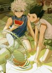  2boys black_hair blue_eyes boombox bug cassette_tape electric_fan food fruit gon_freecss green_shorts highres holding holding_food hunter_x_hunter indoors insect_wings killua_zoldyck male_focus messy messy_room multiple_boys on_floor plate shirt short_hair short_sleeves shorts spiky_hair stereo tape to_e watermelon white_hair wings 