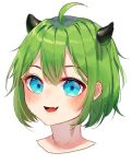  1girl :d ahoge bangs blue_eyes blush commentary cropped_shoulders english_commentary eyebrows_behind_hair fang green_hair highres horns kobutanori looking_at_viewer original portrait simple_background smile solo white_background 
