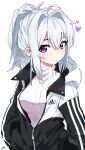  1girl absurdres adidas ahoge bangs black_jacket blush brand_name_imitation breasts closed_mouth commentary_request eyebrows_behind_hair grey_hair hair_between_eyes hair_intakes heart highres hood hood_down hooded_jacket ine_(vtuber) jacket korean_commentary long_hair looking_at_viewer medium_breasts open_clothes open_jacket ponytail ribbed_sweater signature simple_background solo sweater tosyeo turtleneck turtleneck_sweater upper_body violet_eyes virtual_youtuber waktaverse white_background white_sweater 
