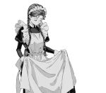 1girl apron bangs braid collared_dress cowboy_shot curtsey dress eyelashes facing_down frilled_apron frills greyscale hair_over_shoulder highres juliet_sleeves kgeroua long_hair long_sleeves maid maid_apron maid_headdress monochrome original puffy_sleeves simple_background skirt_hold solo standing twin_braids twintails