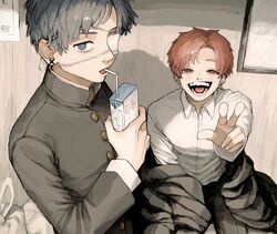  2boys blue_eyes blue_hair blush carton drinking_straw earrings eyepatch fangs fingernails gakudayo highres holding_carton jewelry looking_at_viewer male_focus multiple_boys original paper piercing red_eyes redhead school_uniform sitting smile standing teeth tongue tongue_out tongue_piercing trash_bag uniform w window x 