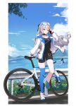  1girl absurdres ai_ke_le_de_xiao_hong asymmetrical_legwear bangs bicycle bike_shorts black_choker black_shirt black_shorts blue_legwear blue_sky bronya_zaychik choker clouds cloudy_sky full_body goggles goggles_on_head grey_eyes grey_hair ground_vehicle highres holding holding_phone honkai_(series) honkai_impact_3rd jacket jewelry long_hair long_sleeves looking_at_viewer mismatched_legwear mountainous_horizon necklace open_mouth outdoors phone road shirt shoes shorts sky sneakers solo standing water white_footwear white_jacket 