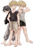  3boys arm_at_side bandaged_leg bandages bandaid bandaid_on_arm bandaid_on_face bandaid_on_forehead bandaid_on_knee bandaid_on_leg bandaid_on_shoulder barefoot black_hair black_shirt black_shorts black_tank_top blonde_hair bruise bruise_on_face crossed_arms dirty dirty_clothes dirty_face franklin full_body green_eyes grey_eyes grey_pants grey_shorts grey_tank_top hand_on_hip hand_up highres hunter_x_hunter injury long_sleeves looking_at_viewer male_focus multiple_boys necomu pants phinx profile scratching_head shalnark shirt shorts sleeveless standing tank_top white_background younger 