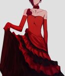  1girl aoki_shizumi bad_id bad_pixiv_id choker cross cross_necklace dress elbow_gloves gloves head_out_of_frame jewelry necklace original red_choker red_dress short_hair simple_background solo white_background 