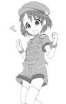  1girl bangs braid child clenched_hands commentary_request dot_nose epaulettes eyebrows_visible_through_hair flat_chest greyscale hands_up hat heart idolmaster idolmaster_cinderella_girls legs looking_down monochrome open_mouth sasaki_chie shirt short_hair short_sleeves shorts solo takami_ryou thigh-highs thighs white_background wristband 