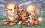  arcanine berry_(pokemon) claws clouds commentary_request evolutionary_line fangs fangs_out grass growlithe no_humans open_mouth outdoors piyokko_(p4-co) pokemon pokemon_(creature) sitrus_berry sky smile 