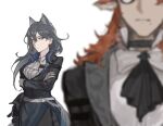  1boy 1girl animal_ears arknights ascot belt black_ascot black_hair black_jacket black_legwear blurry blurry_foreground breasts cat_ears closed_mouth collar cowboy_shot crossed_arms czerny_(arknights) depth_of_field eyebrows_visible_through_hair gertrude_(arknights) highres infection_monitor_(arknights) jacket long_hair long_sleeves medium_breasts mole mole_under_eye pantyhose pelvic_curtain redhead shirt v-shaped_eyebrows white_ascot white_shirt 