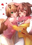 2girls :d ;d absurdres animal_ear_fluff animal_ears ayunda_risu bangs bare_shoulders blush bone_hair_ornament brown_hair cardigan dog_ears dog_girl dog_tail dress facing_viewer fangs from_side green_eyes hair_ornament hat heart highres hololive hololive_indonesia hug inugami_korone jacket leaf_hair_ornament long_hair long_sleeves looking_at_viewer looking_to_the_side multiple_girls nail_polish off_shoulder one_eye_closed open_clothes open_jacket pink_cardigan simple_background skin_fangs smile squirrel_ears squirrel_girl squirrel_tail tail takumin_dx virtual_youtuber white_background white_dress yellow_jacket yellow_nails 