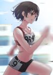  1girl absurdres arisugawa_bii bare_legs black_eyes black_hair blurry blurry_background breasts building clenched_teeth flying_sweatdrops hair_ornament hairclip highres motion_blur numbered original outdoors playing_sports running serious short_hair short_shorts shorts sleeveless small_breasts sports_bra sportswear stomach sweat teeth thighs track_and_field 