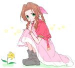  1girl aerith_gainsborough bangs boots bracelet braid braided_ponytail choker cropped_jacket dress final_fantasy final_fantasy_vii final_fantasy_vii_remake finger_to_own_chin flower full_body green_eyes hair_ribbon jacket jewelry kira0902 long_dress parted_bangs pink_dress puffy_short_sleeves puffy_sleeves red_jacket ribbon short_sleeves sidelocks sitting solo wavy_hair white_background yellow_flower 