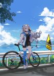  1girl absurdres ai_ke_le_de_xiao_hong asymmetrical_legwear bangs bicycle bike_shorts black_choker black_shirt black_shorts blue_legwear blue_sky bronya_zaychik choker clouds cloudy_sky full_body goggles goggles_on_head grey_eyes grey_hair ground_vehicle highres holding holding_phone honkai_(series) honkai_impact_3rd jacket jewelry long_hair long_sleeves looking_at_viewer mismatched_legwear mountainous_horizon necklace open_mouth outdoors phone road shadow shirt shoes shorts signpost sky sneakers solo standing water white_footwear white_jacket 