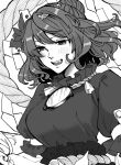 1girl :d bangs blush breasts eyebrows_visible_through_hair greyscale highres jewelry large_breasts looking_at_viewer mirror monochrome open_mouth rope shimenawa short_hair short_sleeves smile solo teeth touhou upper_body upper_teeth whoru yasaka_kanako