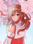  1girl bangs bare_shoulders blurry bokeh bow brown_eyes brown_hair cherry_blossoms depth_of_field detached_sleeves eyebrows_visible_through_hair from_behind hair_between_eyes hair_bow hair_tubes hakurei_reimu highres light_smile long_hair looking_at_viewer looking_back red_bow red_shirt sarashi shirt sidelocks solo touhou twitter_username upper_body wa_layla 