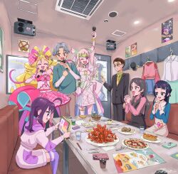  ahoge air_conditioner aokaze_nana bare_arms bare_shoulders baseball_cap black_hair black_socks blonde_hair blue_hair blunt_bangs blush braid brown_hair bubble_skirt business_suit chicken_(food) closed_eyes clothes_hanger cosplay cure_idol cure_zukyuun curled_horns dokidoki!_precure door earrings eating eyelashes food fried_chicken frills fruit gingham_dress glasses gradient_hair green_hair green_shirt hair_ornament hair_ribbon hair_tie hair_wings hairpin half_up_bun hand_on_another&#039;s_shoulder hat headband heart heart_hair_ornament heart_pouch hibiki_kaito highres holding holding_clothes_hanger holding_microphone horns hot_dog ice_cream idol jewelry juice karaoke karaoke_box kimi_to_idol_precure kneehighs long_hair long_sleeves low_twin_braids melon menu meroron_(civilian)_(precure) meroron_(precure) microphone multicolored_hair multiple_earrings music octopus_sausage_earrings one_eye_closed parted_bangs phone poster_(object) precure pretter_on_the_brush pudding puffy_sleeves purirun_(civilian)_(precure) purirun_(precure) purple_hair purple_socks ribbon sakura_uta_(precure) salaryman sausage scissors see-through_clothes see-through_sleeves shadow shigure_kokoro shirt singing single_bare_leg single_kneehigh single_sock skirt smile smirk socks speaker suit sweat sweatdrop table tablet_pc tanaka_(precure) tongue tongue_out twin_braids twintails very_long_hair water wing_hair_ornament 