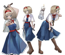  1girl alice_margatroid blonde_hair blue_dress blue_eyes boots bow bowtie brown_boots candle capelet commentary_request dedemaru dress fire frilled_dress frills full_body hairband hammer highres holding holding_hammer holding_nail knee_boots lace-up_boots leaning_forward looking_at_viewer multiple_views nail_(hardware) red_bow red_bowtie red_hairband short_hair simple_background straw_doll touhou white_background white_capelet 