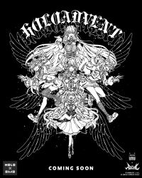  5girls :&gt; :3 :d animal_ears asymmetrical_horns black_background claw_pose collar copyright_notice corset crossed_legs crystal_horns demon_horns dog_ears dog_girl dress fake_claws feathered_wings flower full_body fur-trimmed_jacket fur_trim fuwawa_abyssgard fuwawa_abyssgard_(1st_costume) greyscale hands_up headphones headphones_around_neck high_contrast highres holoadvent hololive hololive_english horn_flower horns jacket koseki_bijou koseki_bijou_(1st_costume) long_hair mococo_abyssgard mococo_abyssgard_(1st_costume) monochrome multiple_girls nerissa_ravencroft nerissa_ravencroft_(1st_costume) official_art omocat one_eye_closed outstretched_hand pokey_(hololive) shiori_novella shiori_novella_(1st_costume) smile spiked_collar spikes standing uneven_horns virtual_youtuber watson_cross wings 