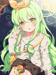  1girl blue_archive blush bow_hairband brown_shorts burger food green_hair green_halo grey_shirt hair_between_eyes hairband halo highres hikari_(blue_archive) hikari_(mom&#039;s_touch)_(blue_archive) long_hair looking_at_viewer mikoshi_(user_wvyd4348) official_alternate_costume open_mouth orange_hairband pointy_ears shirt shorts sidelocks solo yellow_eyes 