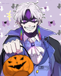  +++ 1boy absurdres ascot basket coat commentary_request dandadan earrings enjoji_jin evil_eye_(dandadan) grey_hair grin halloween halloween_bucket halloween_costume highres holding holding_basket jewelry looking_at_viewer male_focus open_clothes open_coat outstretched_arm possessed sharp_teeth short_hair smile solo takemoto0929 teeth third_eye upper_body violet_eyes white_ascot 