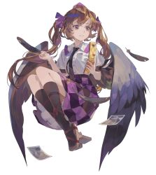  1girl black_feathers black_necktie black_socks black_wings bow brown_eyes brown_hair buttons cellphone checkered_clothes checkered_skirt collared_shirt feathered_wings feathers flip_phone frilled_shirt_collar frills geta grin hair_bow hakurei_reimu hat himekaidou_hatate holding holding_feather holding_phone knees knees_up long_hair looking_to_the_side necktie open_mouth petticoat phone photo_(object) puffy_short_sleeves puffy_sleeves purple_bow purple_hat purple_skirt shihou_(g-o-s) shirt short_sleeves skirt smile socks solo tengu-geta tokin_hat touhou transparent_background twintails white_shirt wings 