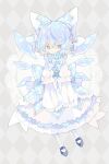  1girl alternate_costume argyle argyle_background black_footwear blue_bow blue_dress blue_eyes blue_hair blush bow cirno closed_mouth detached_wings dress fairy frilled_sleeves frills full_body hair_between_eyes hair_bow highres ice ice_wings nikorashi-ka shoes short_hair sleeves_past_fingers sleeves_past_wrists solo touhou wings 
