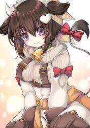  1girl bandana bell belt boots breasts brown_belt brown_boots brown_gloves brown_hair capelet choker clothes_around_waist cow_girl cow_horns cow_tail emil_chronicle_online gloves green_choker hair_ornament heart heart_hair_ornament highres horns jacket jacket_around_waist large_breasts looking_at_viewer maid_headdress momo_alma neck_bell orange_bandana orange_jacket pants red_ribbon ribbon satsuki_atan shirt sitting solo tail tail_ornament tail_ribbon two_side_up violet_eyes wariza white_capelet white_pants white_shirt white_sleeves 