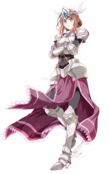  1girl armor artist_name bob_cut breastplate brown_hair crossed_arms cuisses duvalie eiyuu_densetsu feather_hair_ornament feathers full_body greaves green_eyes hair_bun hair_ornament hajimari_no_kiseki looking_at_viewer pauldrons purple_tabard sabaton short_hair shoulder_armor simple_background solo tabard tachi-e white_background xiacheng_tatsuya 