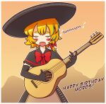  1girl absurdres acoustic_guitar blonde_hair blush_stickers bow bowtie braid closed_eyes cookie_(touhou) english_text guitar hat highres instrument majormilk mariachi meguru_(cookie) mexico music musical_note playing_instrument short_hair side_braid singing sombrero touhou 