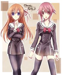  1girl 2girls black_pantyhose black_thighhighs bow breasts buttons chaos;child chest_bow cropped_jacket double-breasted dress_vest hair_ribbon hekiho_academy_school_uniform highres kurusu_nono long_hair long_sleeves medium_breasts miniskirt multiple_girls nishijou_myu onoe_serika open_mouth orange_hair pantyhose pink_eyes pink_hair red_bow red_ribbon ribbon sailor_collar school_uniform science_adventure short_hair_with_long_locks skirt small_breasts smile thigh-highs tongue violet_eyes white_sailor_collar 