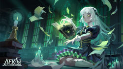  1girl afk_(series) afk_journey black_bow black_bowtie black_dress black_horns black_shoes black_tail blunt_ends book book_stack bookmark bookshelf bow bowtie braid bright_pupils brooch cage candelabra candle candlestand closed_mouth colored_skin commentary copyright_name crinoline crown_braid dress english_commentary expressionless fire floating floating_book floating_hair floating_object flying_paper gloves green_dress green_eyes green_fire grey_hair grey_skin grimoire hands_up highres hime_cut horns indoors isabella_(afk) jewelry kneehighs layered_dress long_hair official_art on_floor open_book outstretched_arms paper pleated_dress puffy_short_sleeves puffy_sleeves shoes short_sleeves sidelocks single_braid sitting skeletal_tail socks solo straight_hair tail wariza white_gloves white_pupils white_socks window 