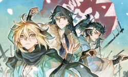  1girl 2boys aqua_haori arm_guards bandaged_hand bandages black_bow black_hair black_kimono black_scarf blonde_hair bow fate/grand_order fate_(series) flag fur_shawl haori headband highres hijikata_toshizou_(fate) japanese_clothes katana kimono kondou_isami_(fate) long_hair multiple_boys natori_re okita_souji_(fate) okita_souji_(third_ascension)_(fate) ponytail scarf shawl shinsengumi_(fate) sidelocks sword weapon white_kimono yellow_eyes 