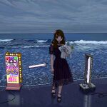  1girl ace_akira bangs beach bow brown_hair character_request choker cinnamoroll copyright_request dress footwear_bow hand_up holding jaggy_lines looking_at_viewer ocean off-shoulder_dress off_shoulder outdoors pixel_art purple_bow purple_choker purple_dress purple_footwear sanrio see-through see-through_dress shoes short_sleeves smile solo standing stuffed_animal stuffed_toy water 