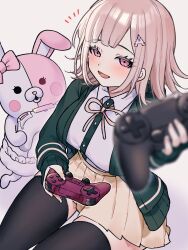  1girl :d blush bow breasts brown_hair brown_skirt collared_shirt controller danganronpa_(series) danganronpa_2:_goodbye_despair diaper ear_bow flipped_hair game_controller hair_ornament highres holding holding_controller holding_game_controller hood jacket long_sleeves looking_at_viewer medium_hair monomi_(danganronpa) nanami_chiaki neck_ribbon open_clothes open_jacket pink_bow pink_eyes pink_ribbon playstation_controller pleated_skirt ribbon shirt skirt smile thigh-highs two-tone_shirt wata_wa_wata white_shirt 