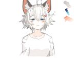  1girl ahoge animal_ear_fluff animal_ears blue_eyes blush collarbone color_guide commentary cropped_torso eyebrows_visible_through_hair facing_viewer grey_hair hair_between_eyes hair_ornament hairclip half-closed_eyes highres kemonomimi_mode messy_hair nerak_raul rurine_luna shirt short_hair simple_background solo spanish_commentary virtual_youtuber wactor_production white_background white_shirt wolf_ears 