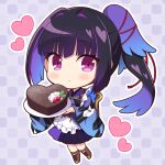  1girl apron black_hair black_skirt blue_hair blush boots brown_footwear chibi closed_mouth cross-laced_footwear food frilled_apron frills full_body hair_intakes heart holding holding_plate japanese_clothes karasuba_(prima_doll) kimono lace-up_boots long_hair long_sleeves looking_at_viewer multicolored_hair nakamura_hinato outline plate pleated_skirt prima_doll_(anime) purple_background purple_hair purple_kimono sidelocks skirt solo two-tone_hair very_long_hair violet_eyes wa_maid waitress white_apron white_outline wide_sleeves yagasuri 