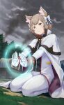  1boy androgynous animal_ears bow cape cat_boy cat_ears felix_argyle frown gloves hair_bow highres kneeling light_brown_hair long_sleeves looking_to_the_side magic male_focus official_art outdoors pants re:zero_kara_hajimeru_isekai_seikatsu short_hair white_bow white_cape white_gloves white_pants yellow_eyes 