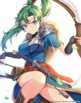  1girl absurdres arrow_(projectile) blue_shirt boots bow_(weapon) brown_footwear cowboy_shot earrings elbow_gloves fire_emblem fire_emblem:_the_blazing_blade fire_emblem_heroes fletching gloves green_eyes green_hair high_ponytail highres jewelry knee_boots leaf long_hair looking_at_viewer lyn_(fire_emblem) petals quiver ryo-suzuki shirt smile solo sword thighs twitter_username weapon web_address white_background 