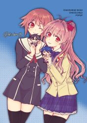  2boys 2girls black_thighhighs blazer blue_background blush bow chaos;child chaos;head chibi chibi_inset hair_ornament hair_ribbon hekiho_academy_school_uniform holding jacket long_hair long_sleeves looking_at_viewer miniskirt miyashiro_takuru multiple_boys multiple_girls nishijou_takumi one_eye_closed onoe_serika open_mouth petticoat pink_eyes pink_hair pleated_skirt ribbon sakihata_rimi school_uniform science_adventure shiodanuki_nofuku short_hair skirt smile suimei_academy_school_uniform thigh-highs zettai_ryouiki 