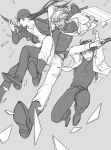  3boys action akai_shuuichi amuro_tooru arms_up bangs beanie boots briefcase clenched_teeth collared_shirt dark-skinned_male dark_skin dress_shirt expressionless formal gun handgun hat hat_loss hat_removed headwear_removed hnz0926 holding holding_briefcase jacket jumping landing long_hair long_sleeves looking_at_viewer male_focus meitantei_conan midair midriff_peek multiple_boys off_shoulder open_clothes open_jacket open_mouth pants rifle scotch_(meitantei_conan) shards shirt shoe_soles shoes short_hair simple_background sleeves_rolled_up sniper_rifle suit teeth very_long_hair weapon 