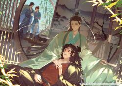  architecture bamboo black_hair black_hanfu blue_hanfu blue_robe brown_hair chinese_clothes chinese_hairpin commentary curly_hair east_asian_architecture english_commentary facial_mark forehead_mark fur-trimmed_robe fur_trim green_eyes green_hanfu hair_bun hanfu holding_hands indoors lap_pillow long_hair luo_binghe male_focus mobei_jun multiple_boys official_art painting_(object) red_eyes red_hanfu renzha_fanpai_zijiu_xitong ribbon ribboned_xiao_guan robe shang_qinghua shen_qingqiu smile suto_(sakumaaritsu) white_ribbon wide_sleeves xiao_guan_(headdress) zuiyin 