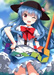  1girl ;d apron black_hat blue_hair blurry blurry_background blush bow bowtie center_frills collared_shirt commentary_request cowboy_shot frilled_skirt frills hat highres hinanawi_tenshi long_hair looking_at_viewer one_eye_closed open_mouth peach_hat_ornament red_bow red_bowtie red_eyes ruu_(tksymkw) shirt short_sleeves skirt smile solo touhou waist_apron white_apron white_shirt white_skirt 