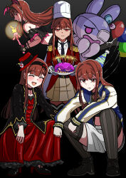  4girls absurdres birthday birthday_cake black_hairband black_necktie black_thighhighs brown_eyes brown_hair butsuzou_(snur2022) cake chef_hat closed_mouth dark_skin demon_wings epaulettes fireworks food hairband hat head_wings highres holding holding_plate idol_heroes_(idolmaster) idolmaster idolmaster_million_live! idolmaster_million_live!_theater_days jacket letterman_jacket long_hair looking_at_viewer monster!_devil_(idolmaster) multiple_girls multiple_persona necktie official_alternate_costume party_hat plate red_eyes red_jacket slav_squatting sparkler squatting striped_clothes striped_thighhighs stuffed_animal stuffed_rabbit stuffed_toy sweatdrop tanaka_kotoha thigh-highs unamused vertical-striped_clothes vertical-striped_thighhighs wings 